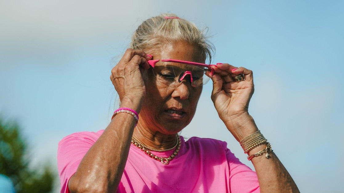 Anna Shirley playing pickleball in PBPRO Protective Eyewear, showcasing clarity, comfort, and pro-level performance.