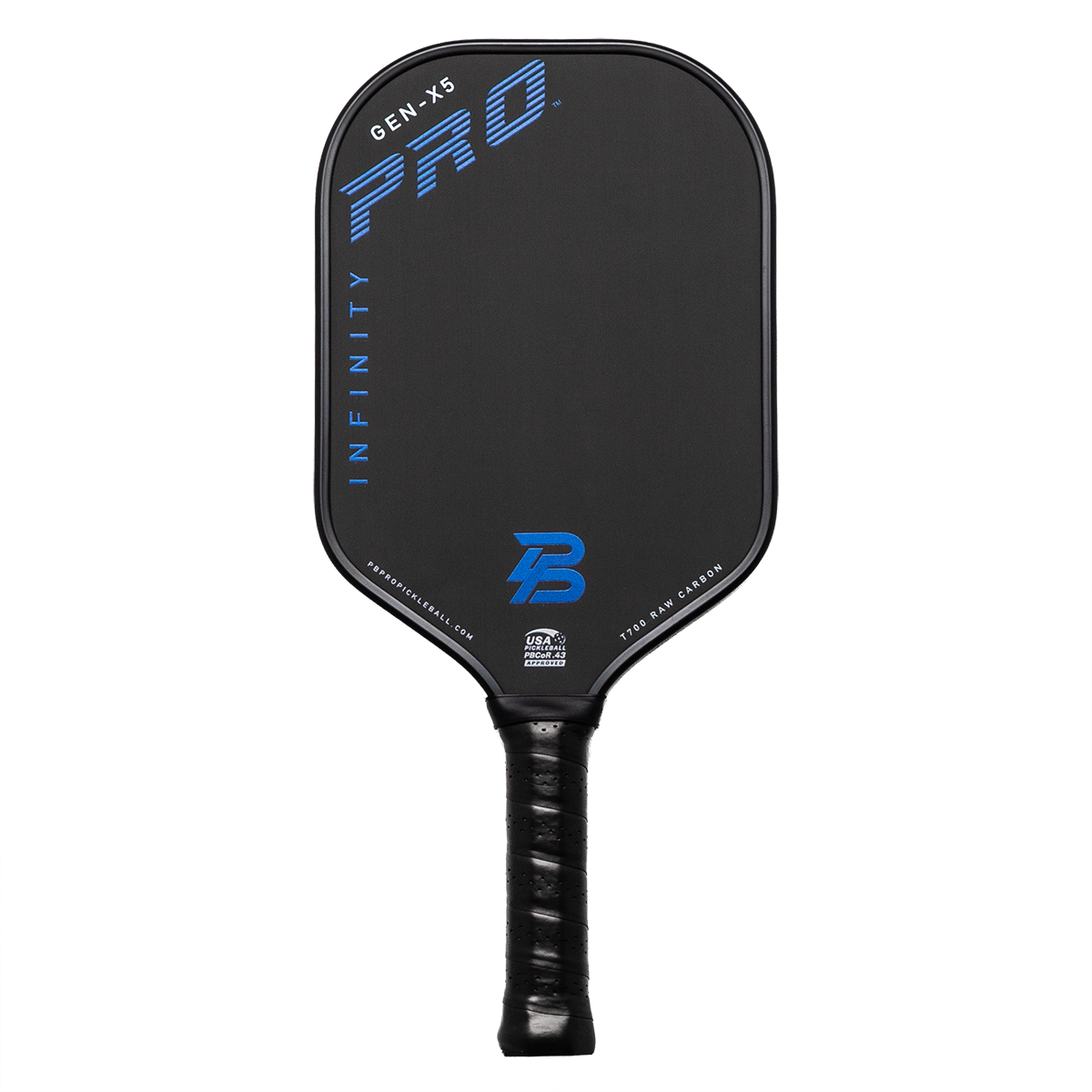 PBPRO Infinity Gen-X5 Royal Blue pickleball paddle, front view with black carbon face and black grip