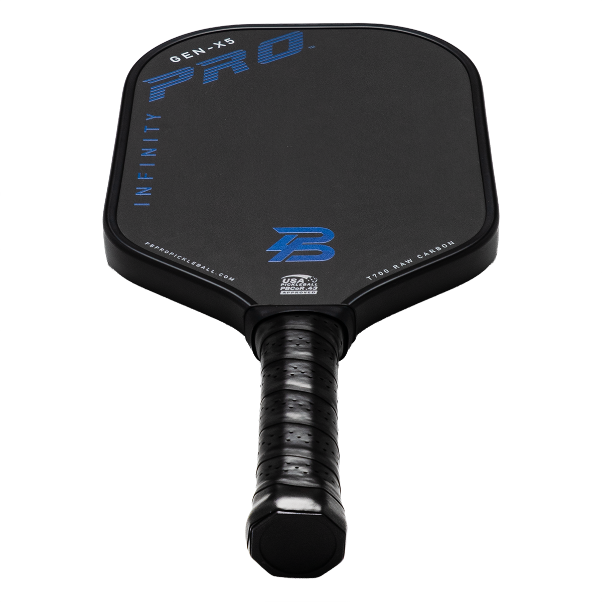 PBPRO Infinity Gen-X5 Royal Blue pickleball paddle viewed from the handle toward the carbon face