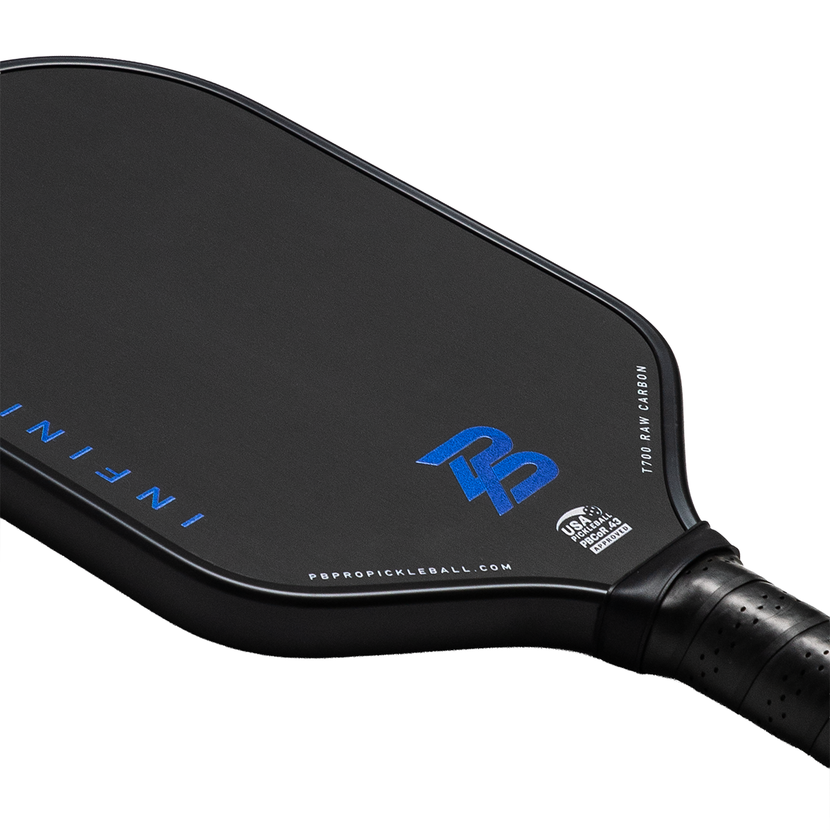 Angled close-up of the PBPRO Infinity Gen-X5 Royal Blue carbon face and black edge guard