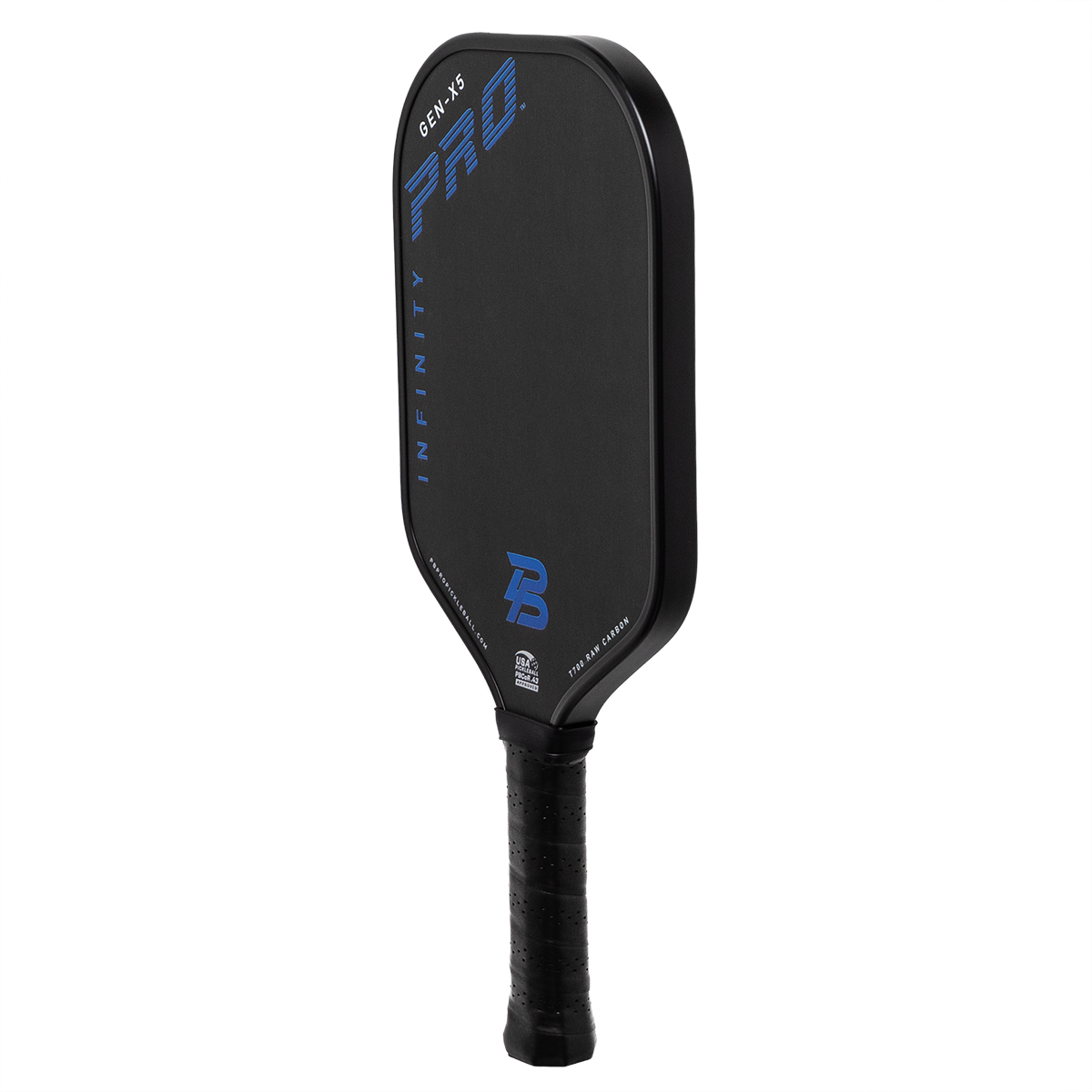 PBPRO Infinity Gen-X5 Royal Blue pickleball paddle at an angle, showing the edge profile and black grip