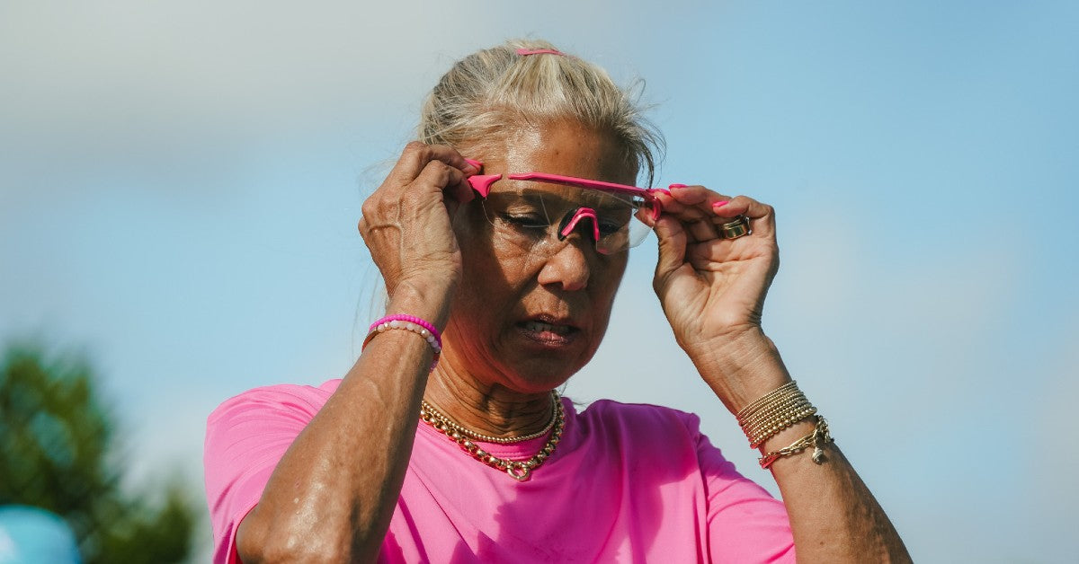 Anna Shirley playing pickleball in PBPRO Protective Eyewear, showcasing clarity, comfort, and pro-level performance.