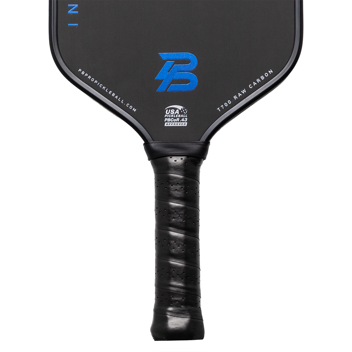 Close-up of the PBPRO Infinity Gen-X5 Royal Blue paddle throat, logo and perforated black grip
