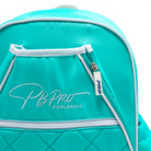 Mint PBPRO Signature pickleball backpack, close-up of front logo and zippers