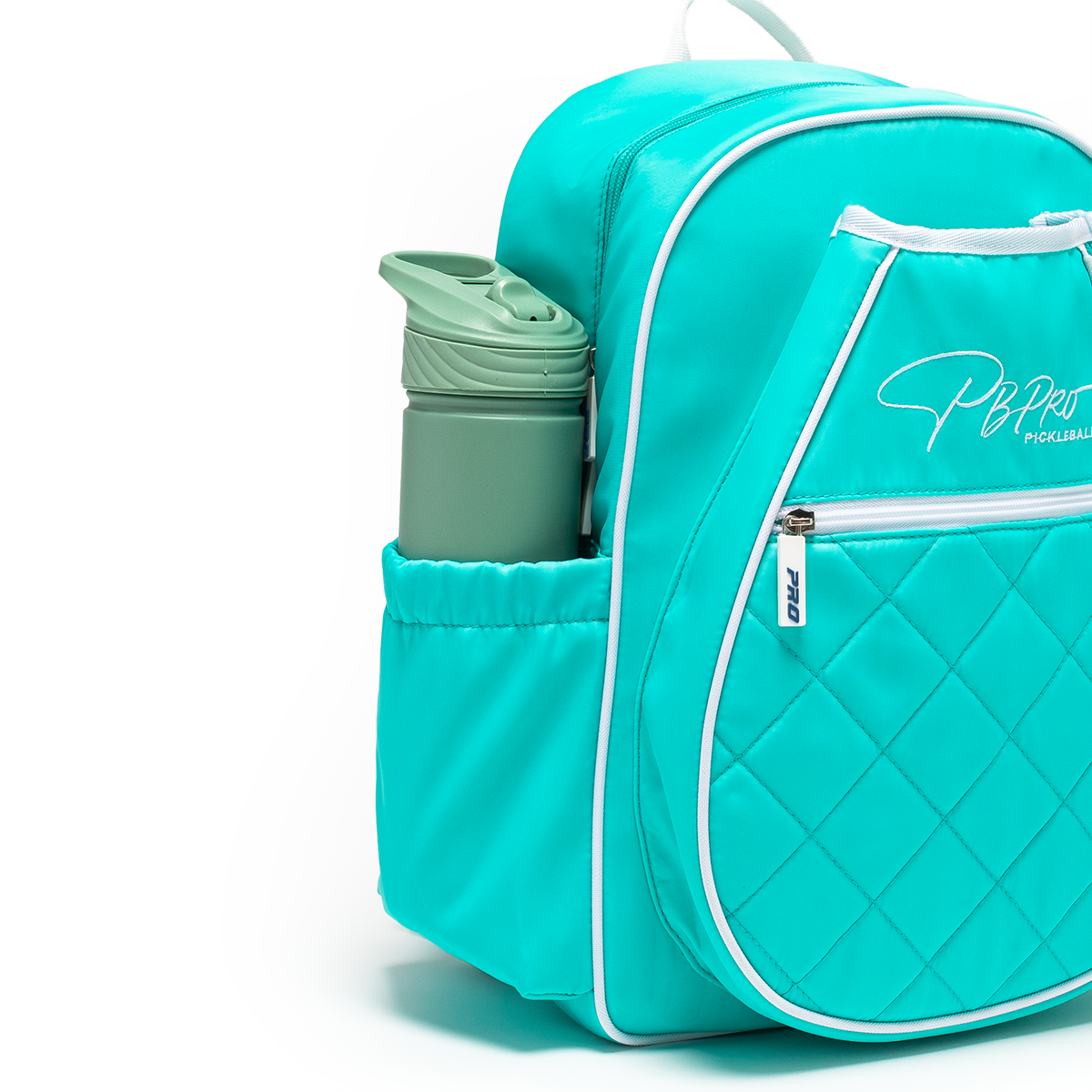 Mint PBPRO Signature pickleball backpack, close-up of side pocket holding a bottle
