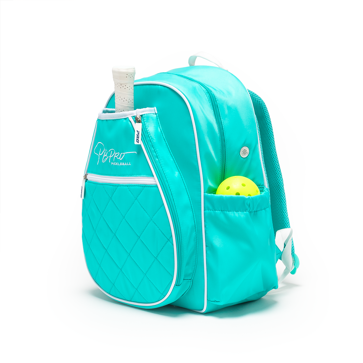 Mint PBPRO Signature pickleball backpack, angled view with ball in side pocket